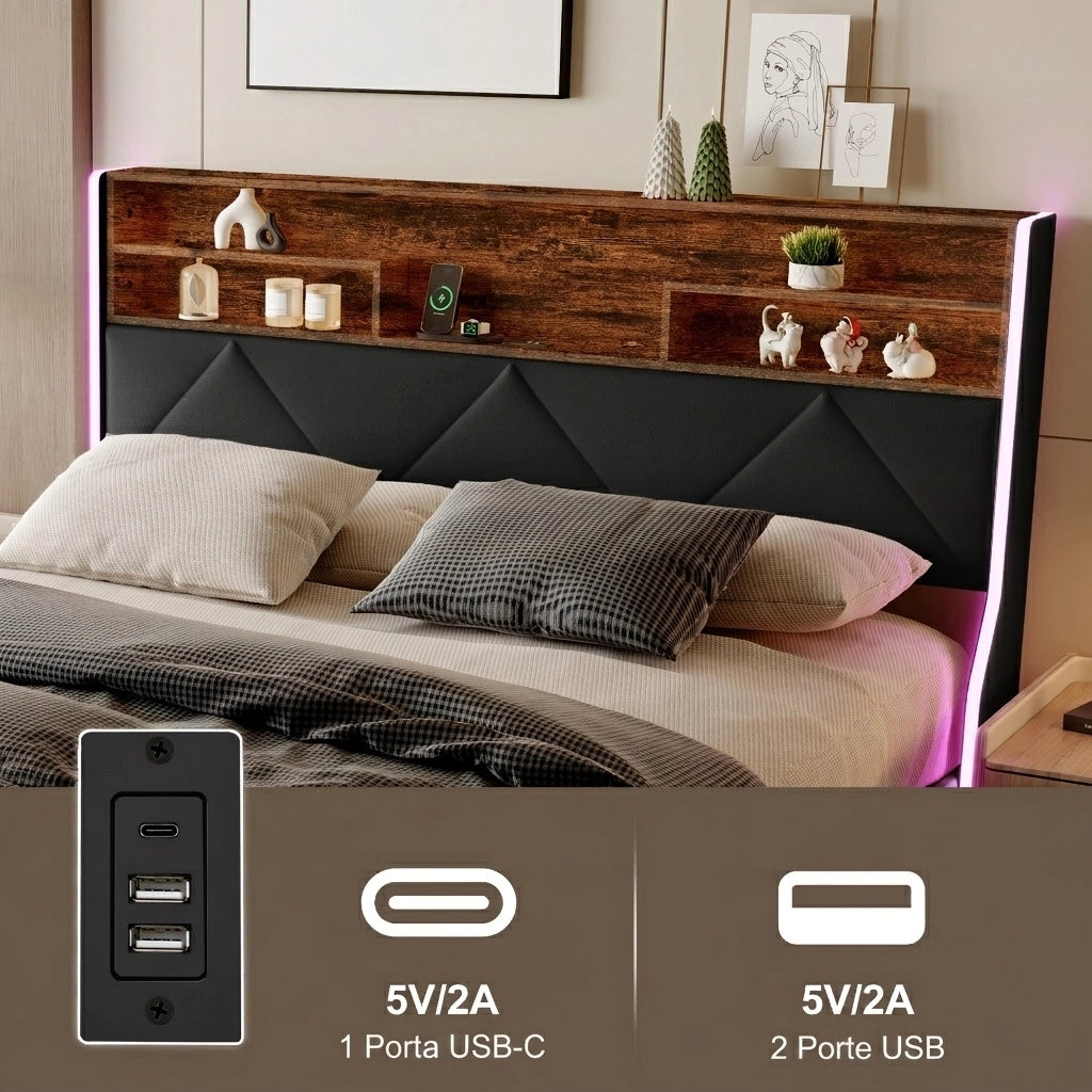Letto matrimoniale 160x200 cm con contenitore LED USB Type-C testiera rete a doghe struttura letto metallo legno PU - nero