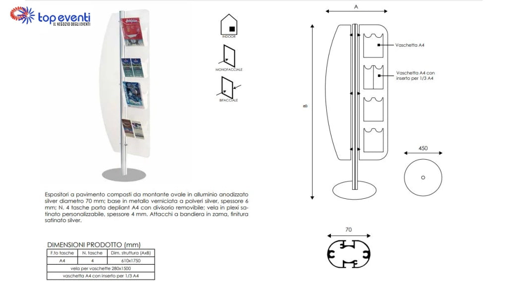 Espositore con 4 vaschette A4 e vela