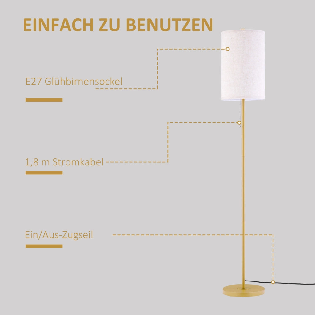 Lampada da terra elegante ¨C Xylo ¨C Acciaio con paralume in tessuto, interruttore a catena, oro e bianco