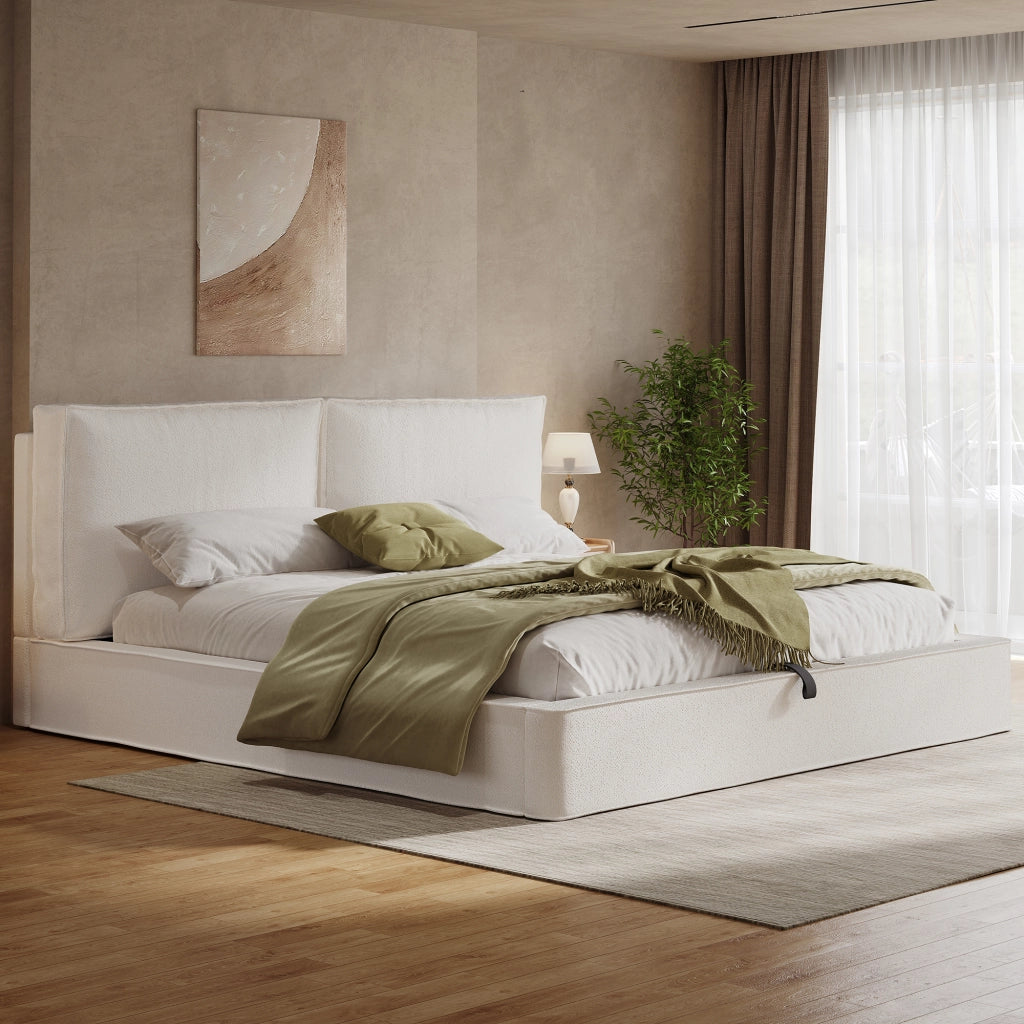 Letto imbottito letto doppio 180 x 200cm letto idraulico funzionale letto con telaio a listelle testiera testiera imbottita beige bouclé