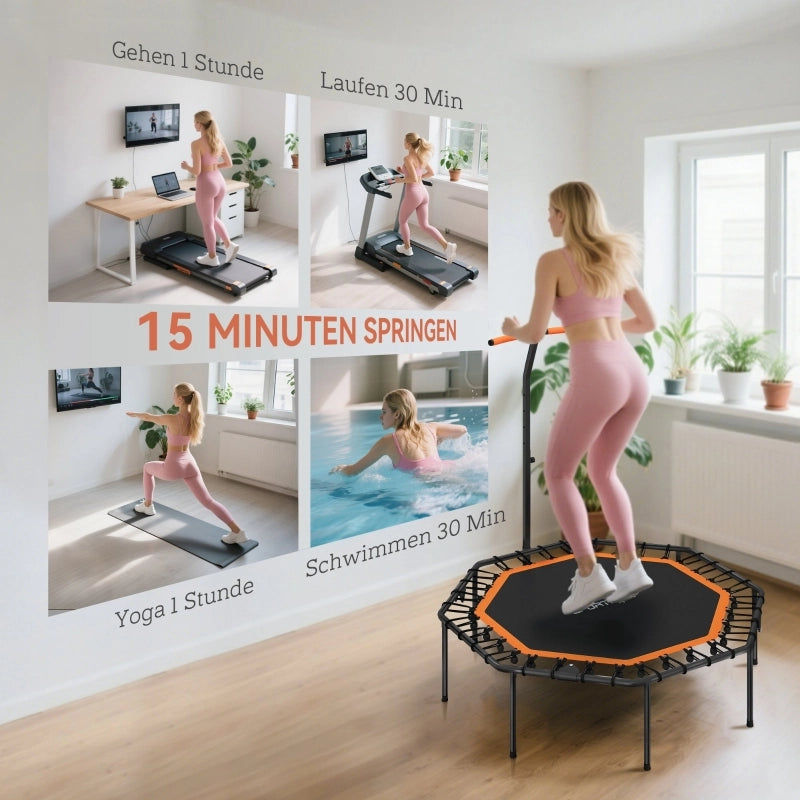 Trampolino fitness pieghevole con manubrio regolabile, bungees silenziosi, uso indoor, senza accessori, nero