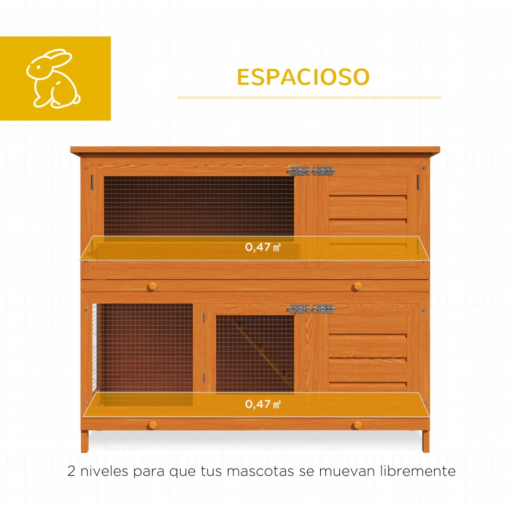 Conejera 2 Livelli in Legno per Esterno con Rampa e 2 Bandeje ¨C Zephmum ¨C 120x48x100 cm Legno Naturale