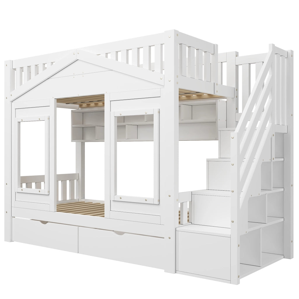 Letto a Casetta 90x200 cm; Letto Singolo - Scala contenitore; Cassetto; Ripiani - Bianco