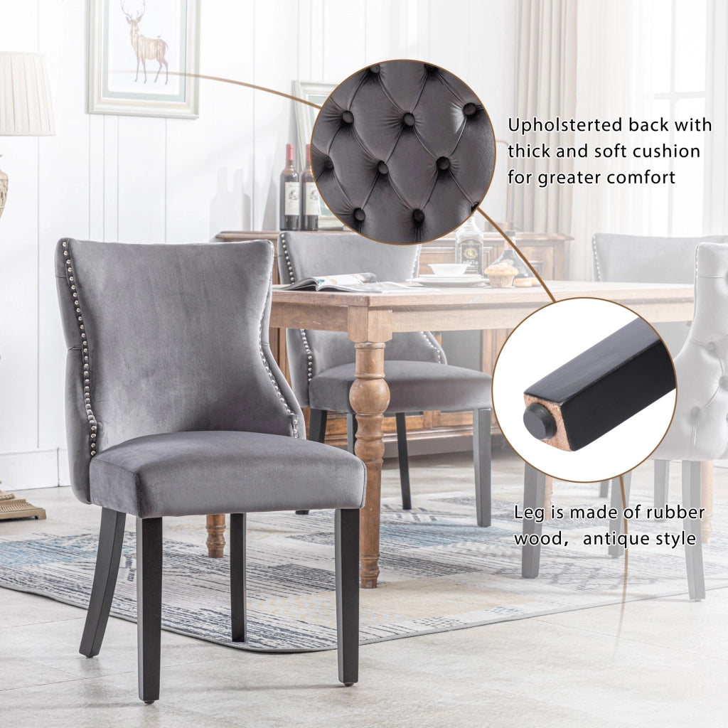 Sedia a 4 gambe, sedia da pranzo in velluto grigio, con bottoni decorativi, struttura in legno massello, grigia (set da 2)
