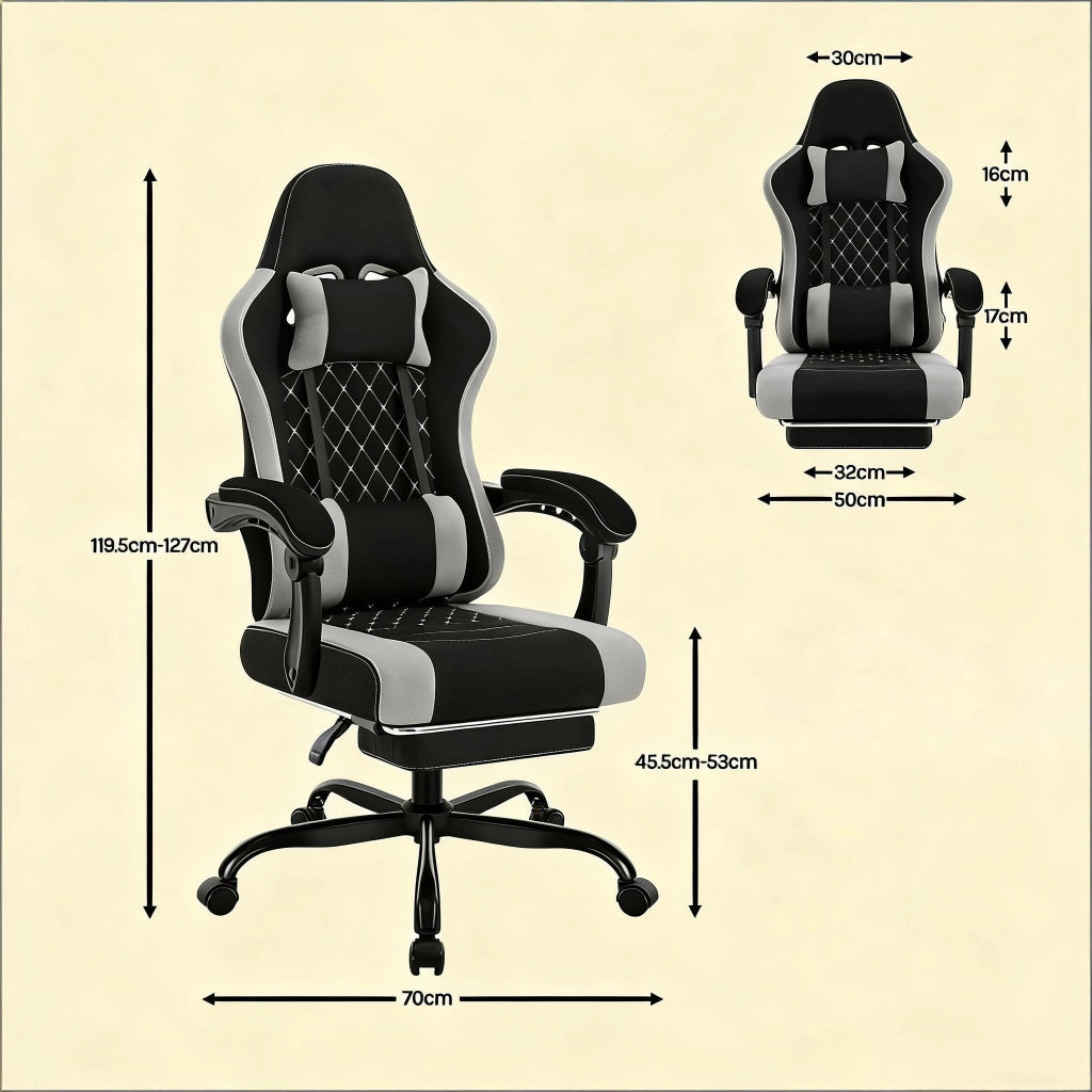 Sedia da Ufficio Gaming Ergonomica con Massaggio Lombare, Poggiapiedi, Schienale Reclinabile, in Tessuto Mesh Nero e Grigio 70 × 70 × 127 cm