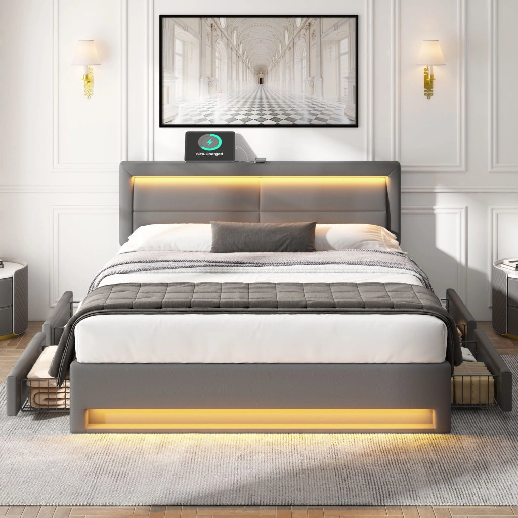 LETTO imbottito 140x190 cm in PU grigio con USB, LED e 4 cassetti