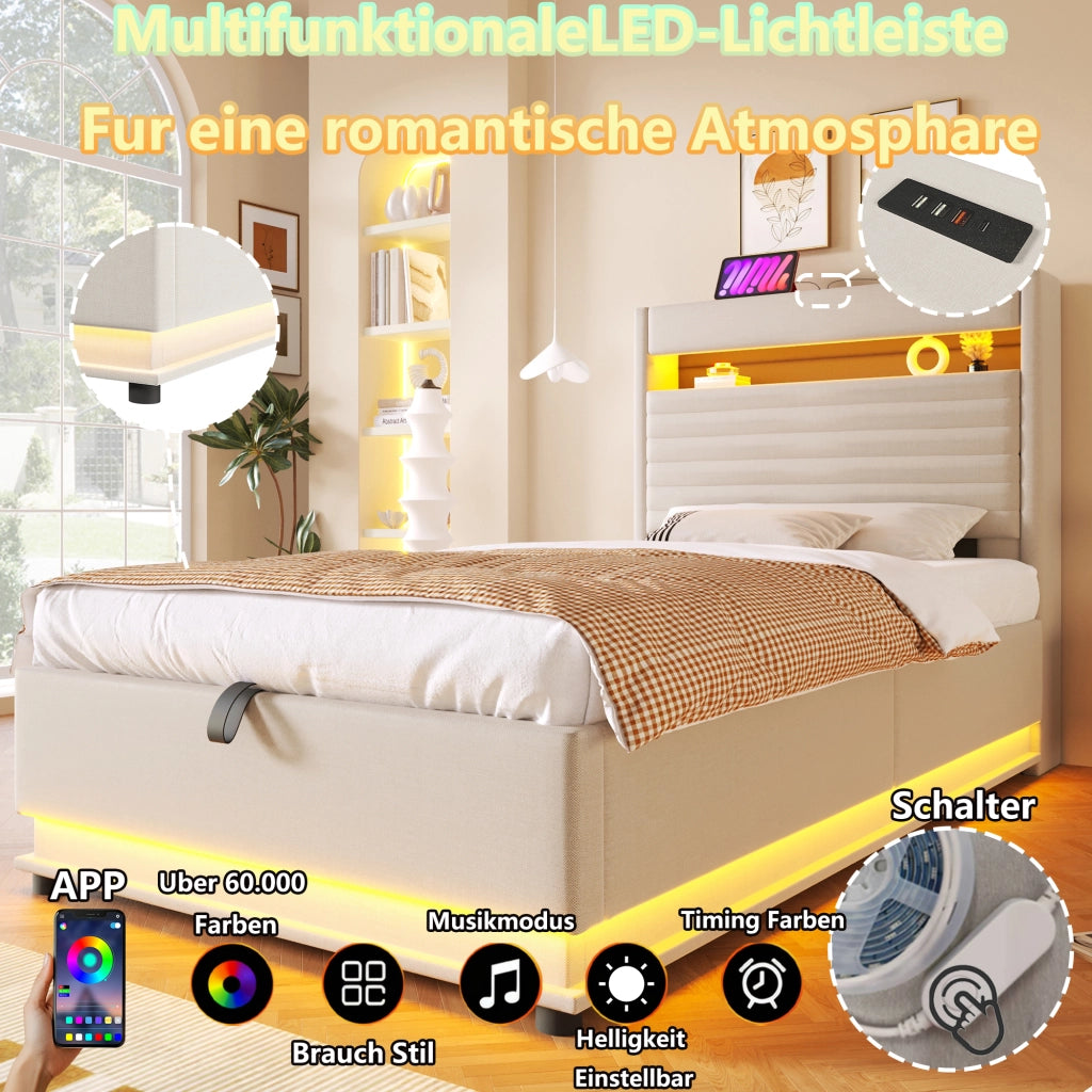 LETTO Contenitore 90x200 cm in lino beige con LED e USB Type-C