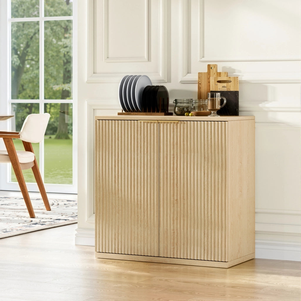 Sideboard a 2 ante con frontale scanalato; 80x40x80 cm; in MDF effetto rovere