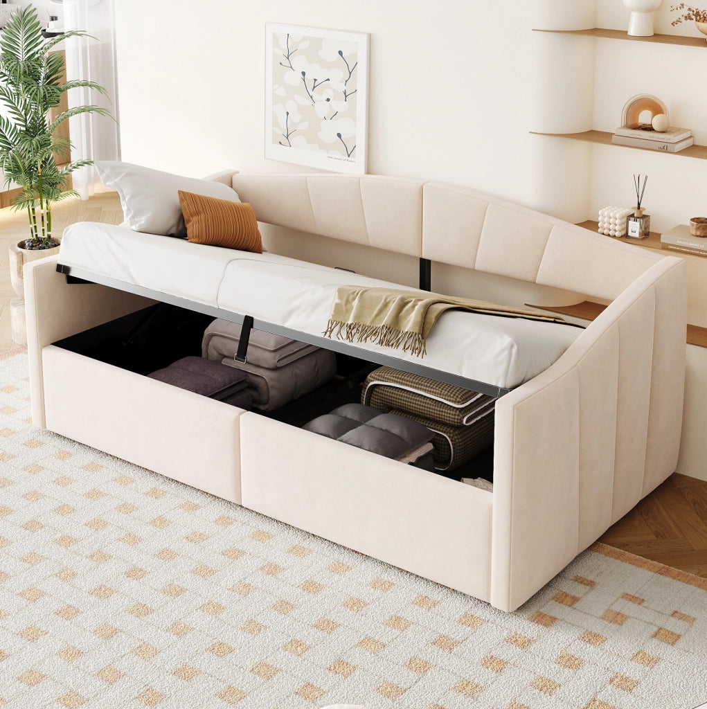 Letto imbottito multifunzionale 90x200 cm con contenitore idraulico; velluto beige