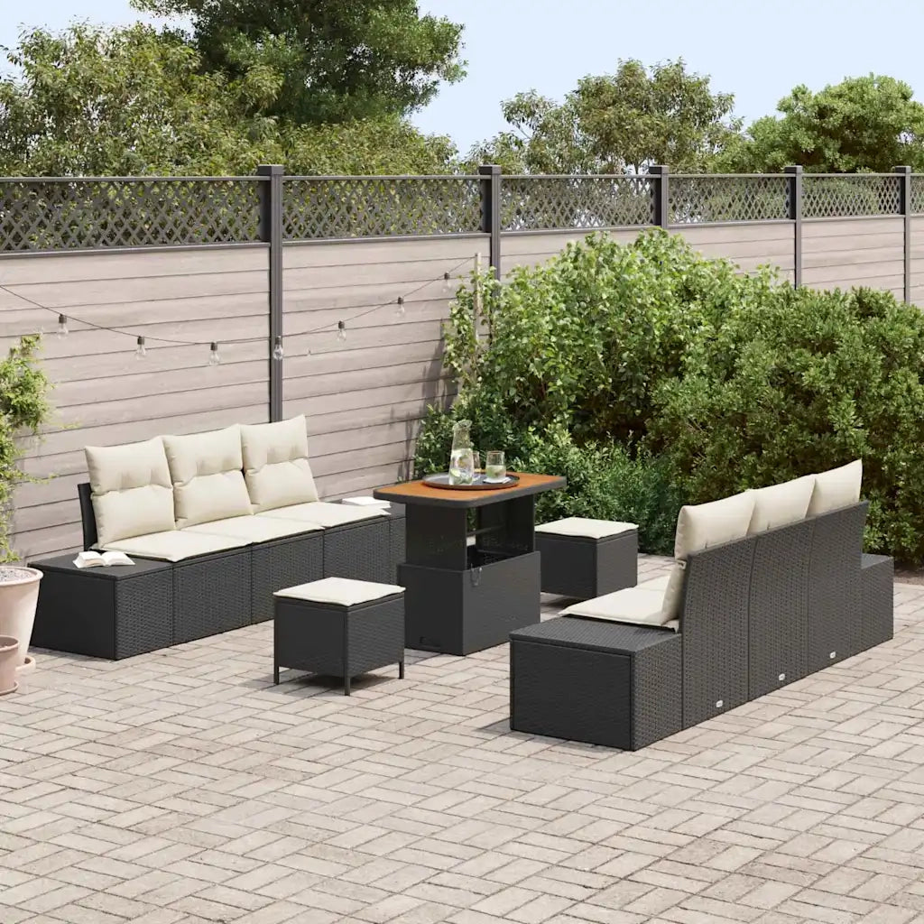 Set Divano da Giardino con cuscino 9 pcs Nero Poly Rattan