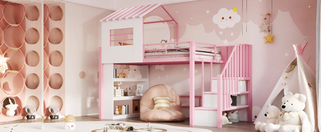 DESMIU Litto mezzanino bambino 90 × 200 cm 1 posto con scala contenitore e scaffali, senza materasso, in metallo, rosa