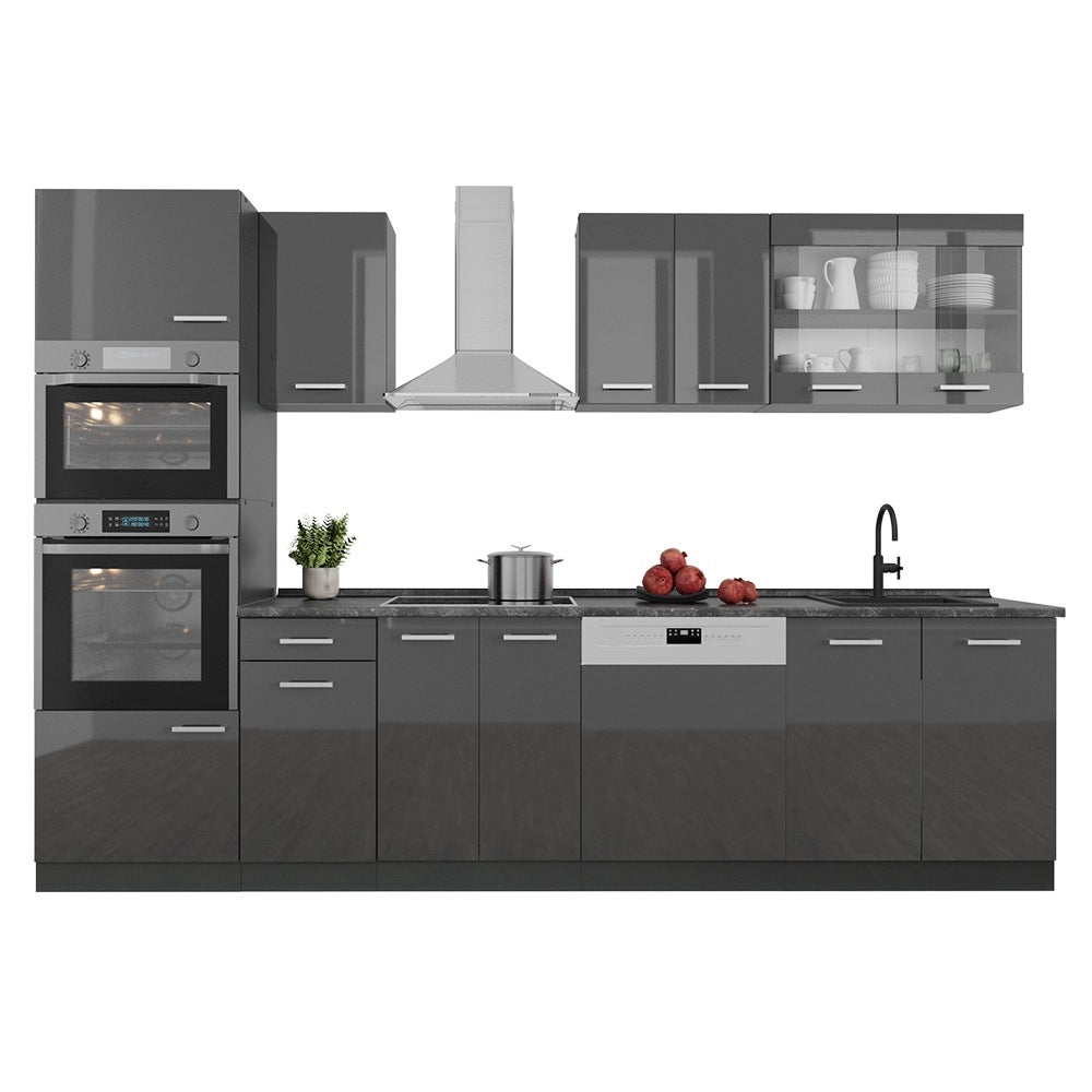 Cucina componibile R-Line Antracite lucido/Antracite 300 cm con armadio alto, PL Antracite Vicco