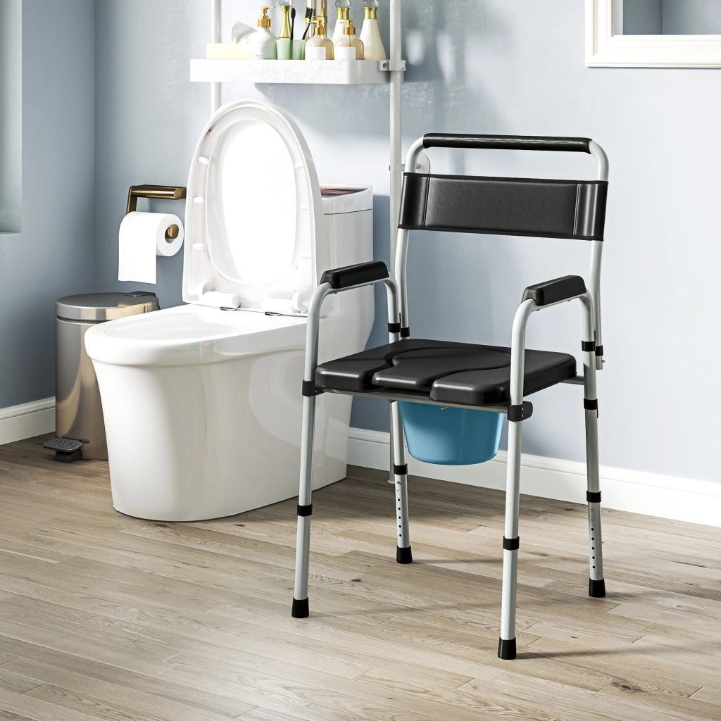 Sedia WC Pieghevole con Braccioli e Schienale ¨C Xylo ¨C Acciaio e Pelle PU Nero 52.5x46x81.5-97cm