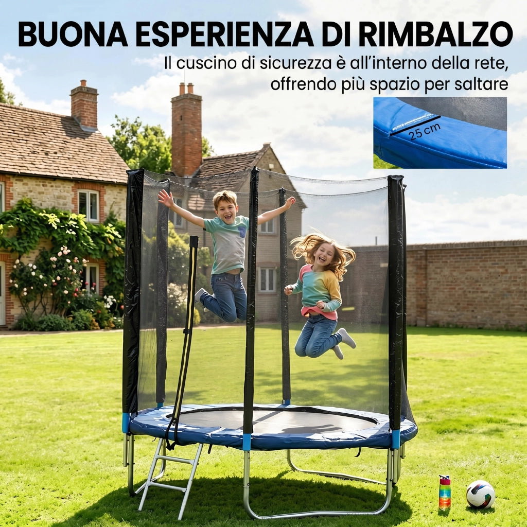 Trampolino Elastico con Scaletta e Rete di Sicurezza. in Acciaio e Plastica. ?180x200 cm. Blu