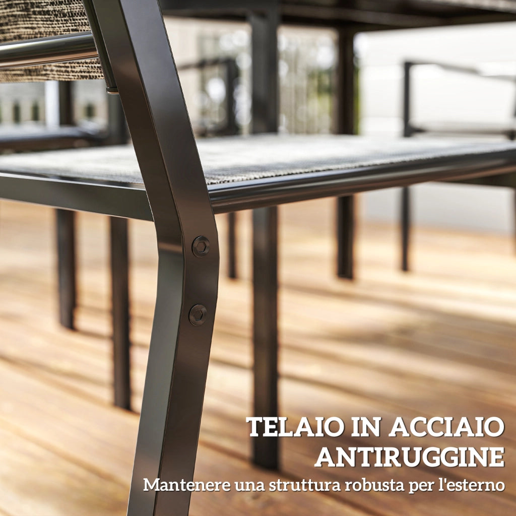 Set da Giardino 7 Pezzi con Tavolo Rettangolare e 6 Sedie Impilabili Traspiranti in Acciaio Grigio e Nero