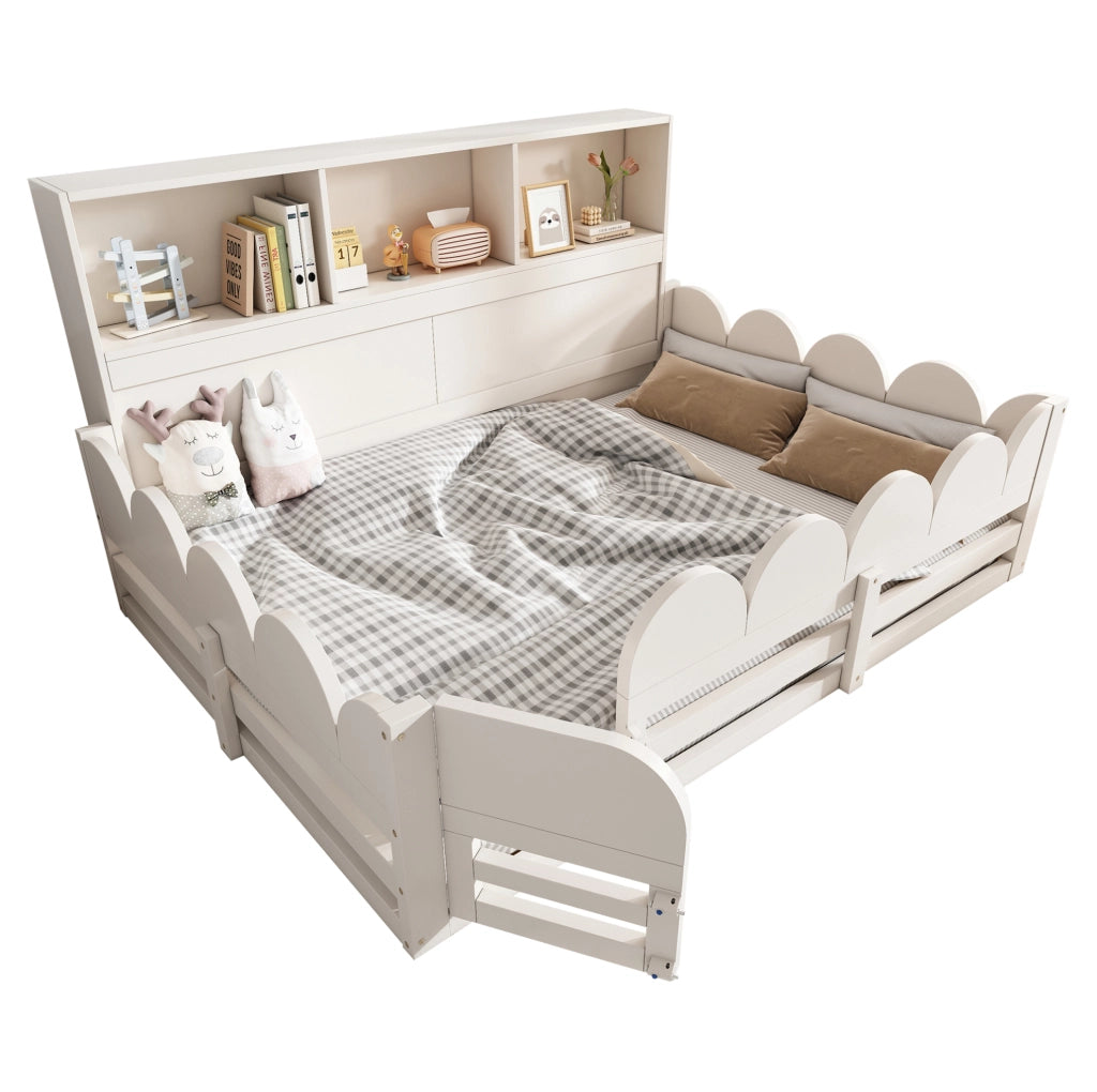 Letto a pavimento 140x200 cm con barriera; porta e scaffale in legno bianco
