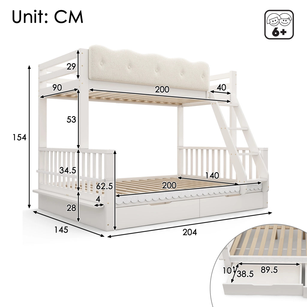 Letto a castello 90×200 cm e 140×200 cm con 2 cassetti e portariviste; senza materasso; legno; bianco