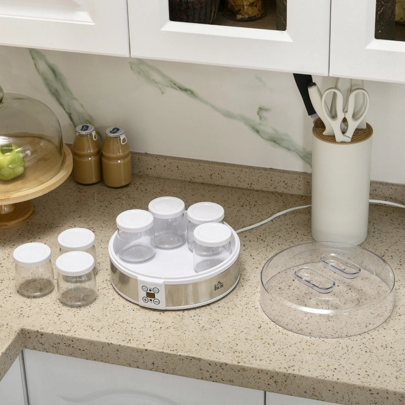 Yogurtiera, con 7 vasetti inclusi, in acciaio inox, 24 cm x 24 cm x 13 cm, argento + bianco
