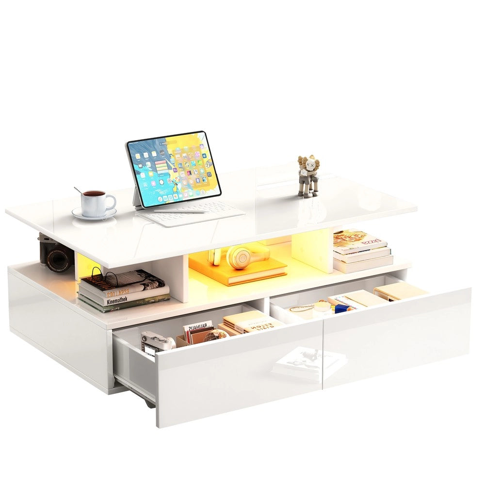 Tavolino da Caff¨¨ con LED e 2 Cassetti ¨C Xylo ¨C Bianco Lucido 90x55x41 cm