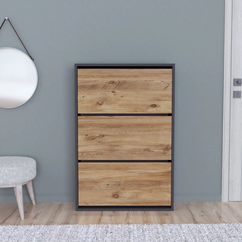 Scarpiera Salvaspazio Slim con 3 Contenitori Ribaltabili Portascarpe Stretto da Ingresso Capienza 18 Paia 110 x 73,5 x 24 cm - Antracite / Effetto Rovere [en.casa]