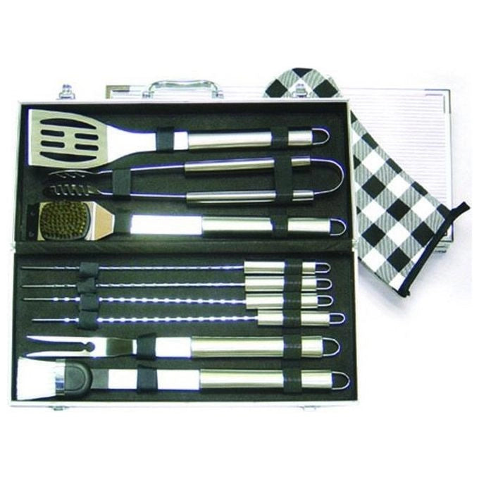 BLINKY 78935-20 Set Utensili per Barbecue 10 Pezzi in Acciaio Cromato con Valigetta in Alluminio colore Nero