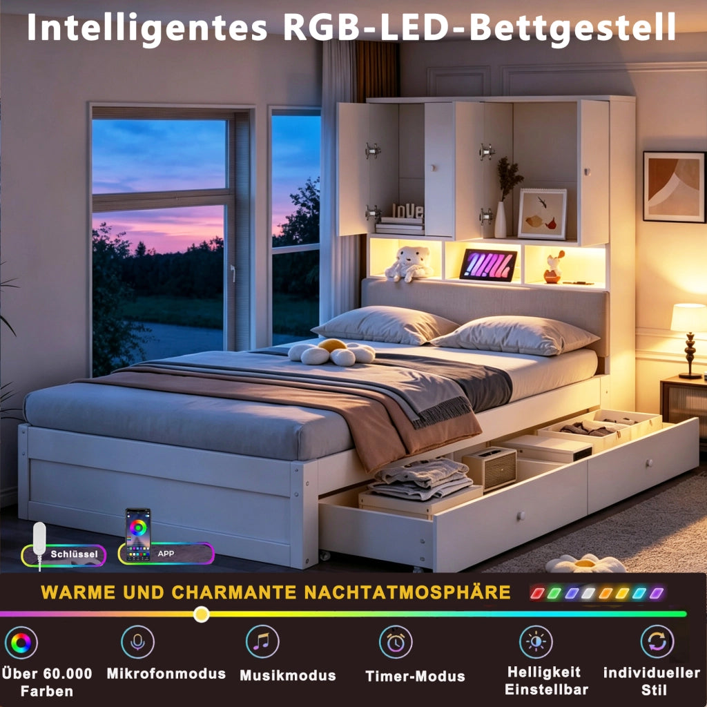 Letto singolo per bambini 90x200 cm con testiera imbottita; vani; LED; presa elettrica; cassetto e rete; legno bianco