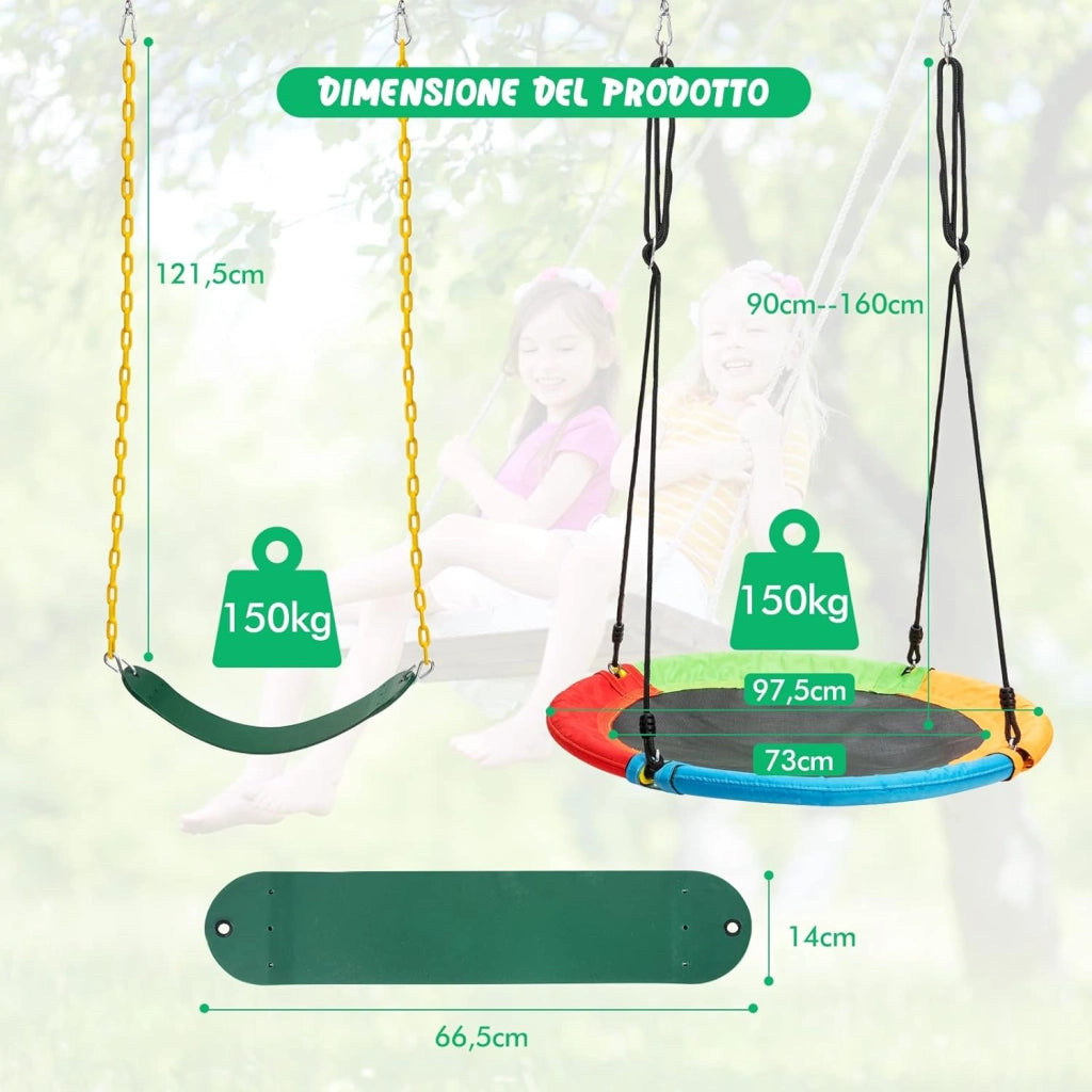 Set di 2 Altalena da Giardino per Bambini, con 1 Sedile Altalena in EVA Morbido e 1 Altalena Nido, 2 modi per appenderle e facili da montare, ideale per parco, giochi, cortile, giardino
