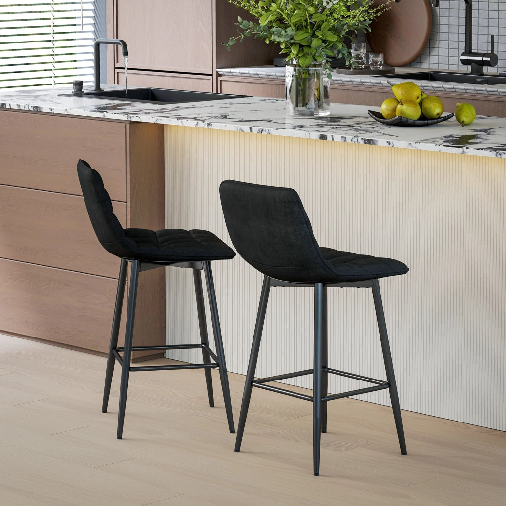 Set 2 Sgabelli da Cucina Stile Nordico 45x47x84 cm in Tessuto Effetto Velluto e Metallo Nero