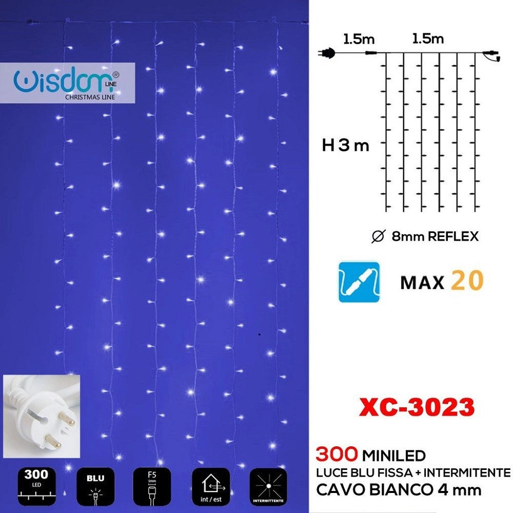 Trade Shop - Tenda Luminosa Natalizia 300 Led Luce Blu Fissa + Bianca Intermittente Xc-3023 -