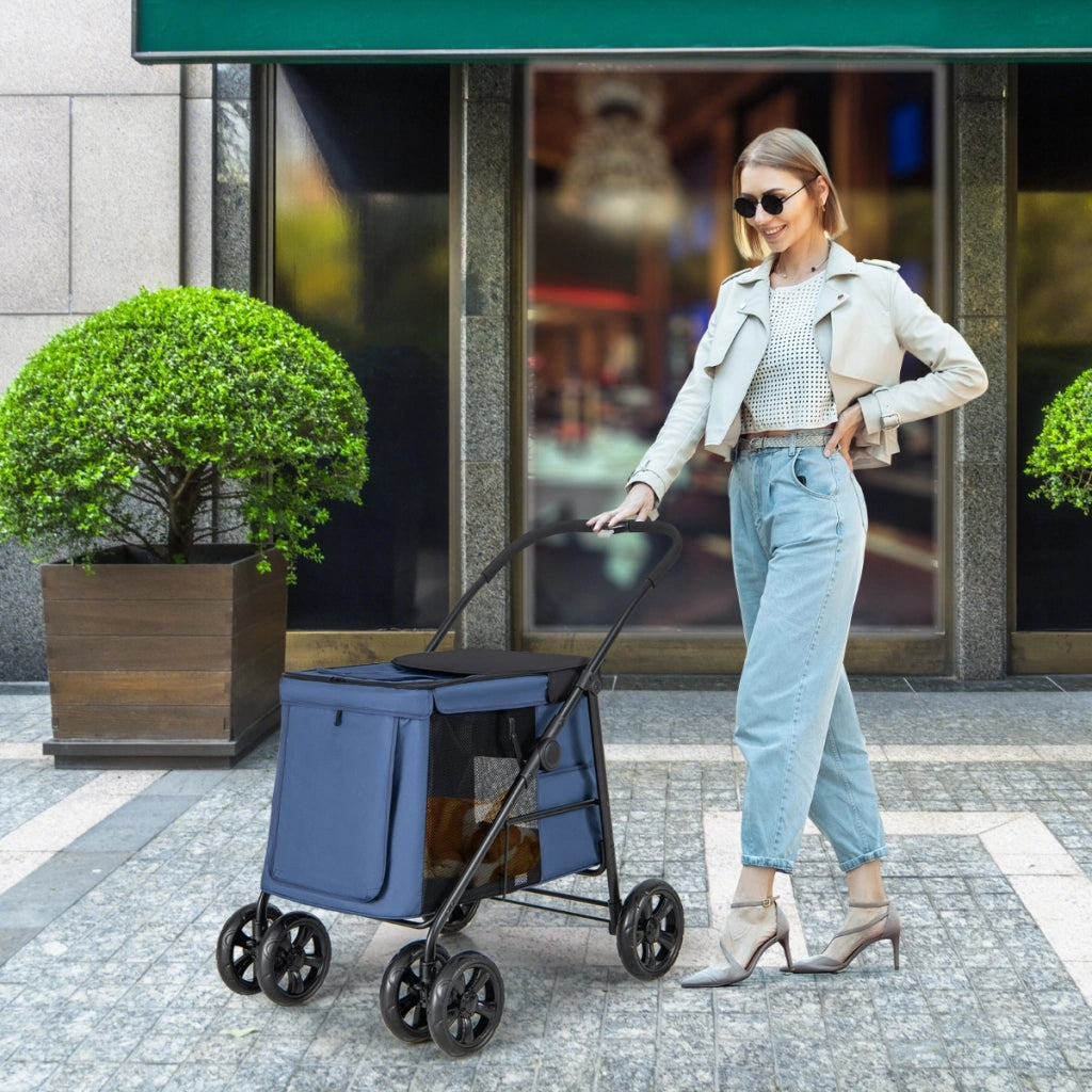 Carrello pieghevole per animali domestici, Passeggino per cani e gatti a 4 ruote con lucernario tasche Blu scuro-Giochi e accessori per cani