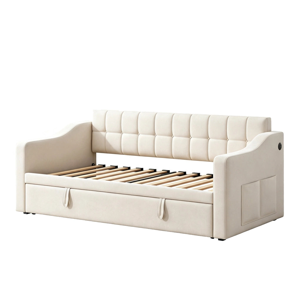 letto divano imbottito velluto beige 90 x 190 cm