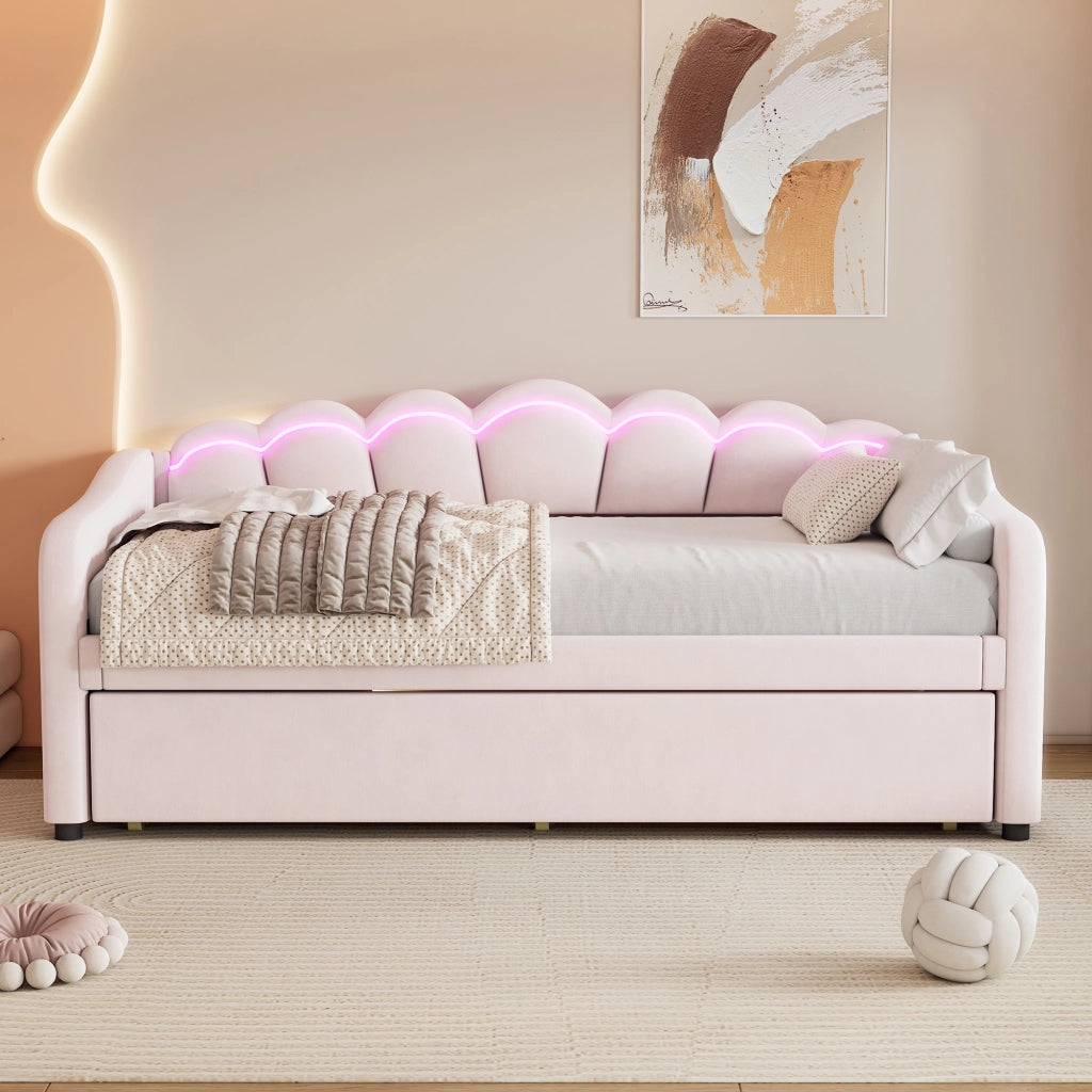 OKWISH Letto a Scomparsa 90×200 cm, Letto Singolo con Letto Estraibile, LED Regolabile e Telecomando, senza Materasso, Velluto, Rosa