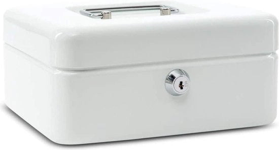 Cassaforte in acciaio - 20 x 17 x 9 cm - chiusura a chiave - cassetta per monete estraibile - con 2 chiavi - ideale come cassetto per risparmio - cassaforte - bianco