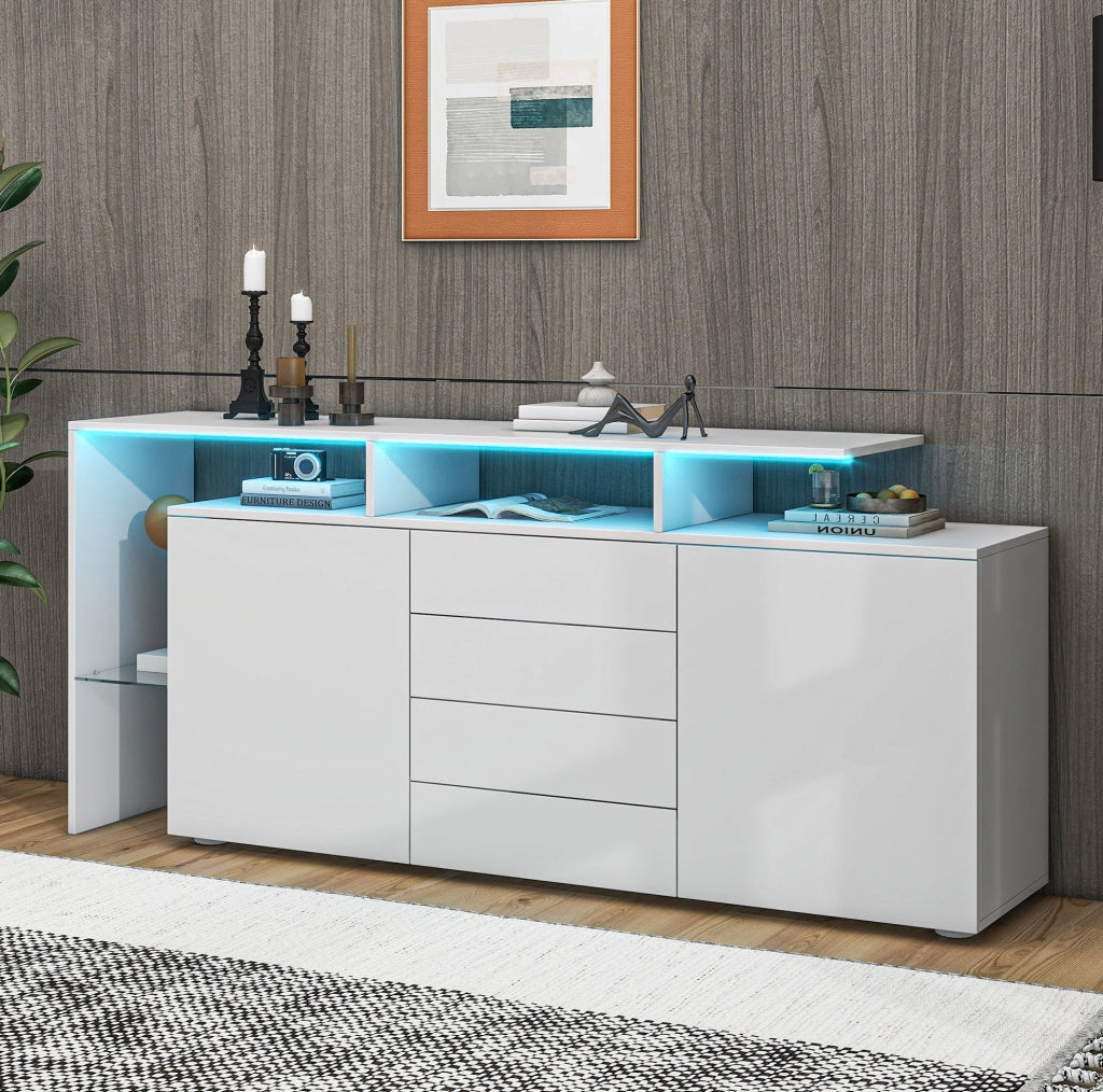Credenza moderna 160 cm con LED; 4 cassetti; 2 ante e vetro; bianca