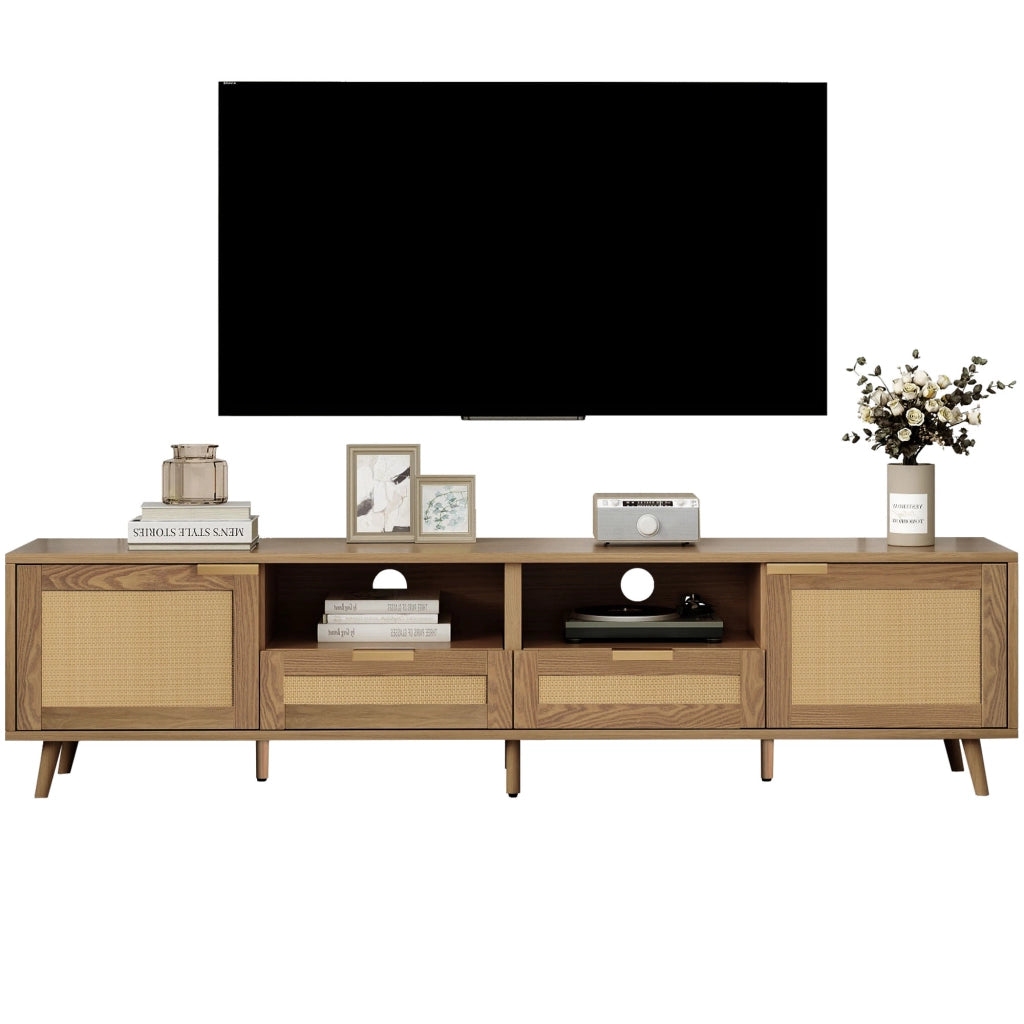 Mobile TV in truciolare effetto rovere con dettagli in rattan sintetico, 200x37x49 cm, 2 ante, 2 cassetti, gambe regolabili, montaggio facile
