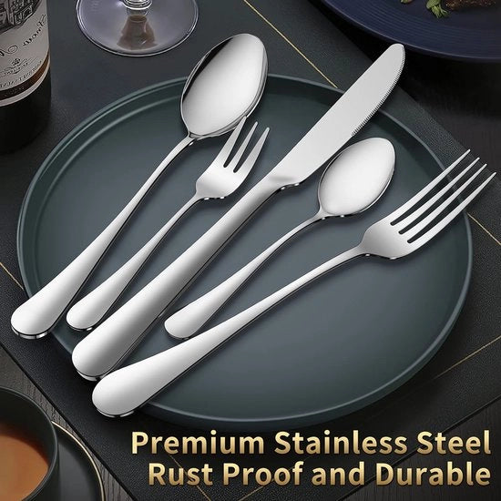 Set di posate, lucidatore di specchio per acciaio inossidabile, per 6 persone, 30 pezzi, con cucchiaio, forchetta, coltello, forchetta per torta, cucchiaio, set di posate per casa, cucina, ristorante, resistente al lavastoviglie (argentato)