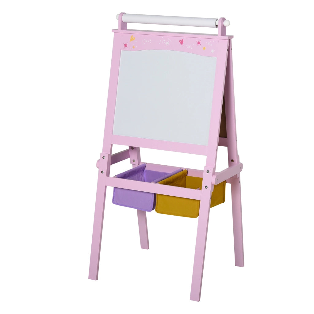 Lavagnetta per Bambini in Legno Rosa con Cavalletto 3 in 1: Lavagna Bianca, Nera e con Rullo Fogli di Carta