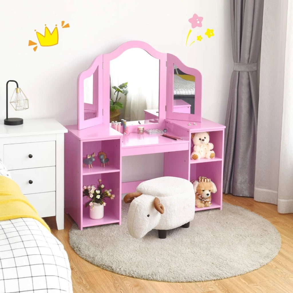 Toeletta per Bambini in Legno - Design Smontabile 2 in 1, Mobile da Trucco Stile Principessa con 4 Mensole e Specchio, Rosa