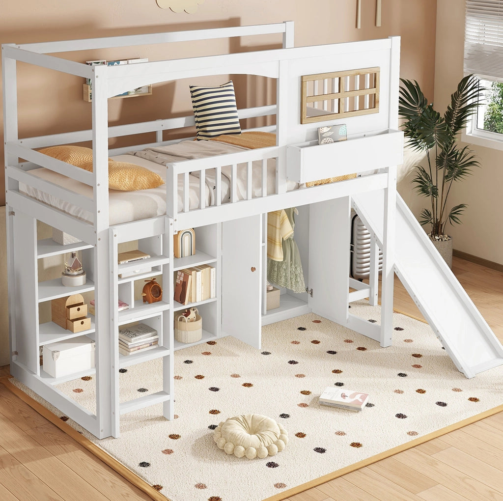 Letto a castello per bambini con scivolo, armadio e scaffali 90x200 cm