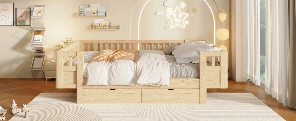 DESMIU Letto per bambini 140 × 200 cm con 2 cassetti, senza materasso, in legno massiccio e MDF, colore legno