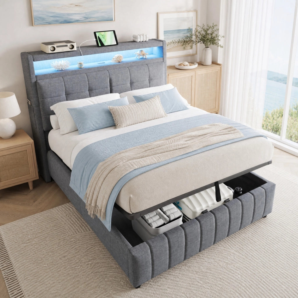 LETTO Imbottito 140x200 cm Grigio in Lino con LED, USB e contenitore