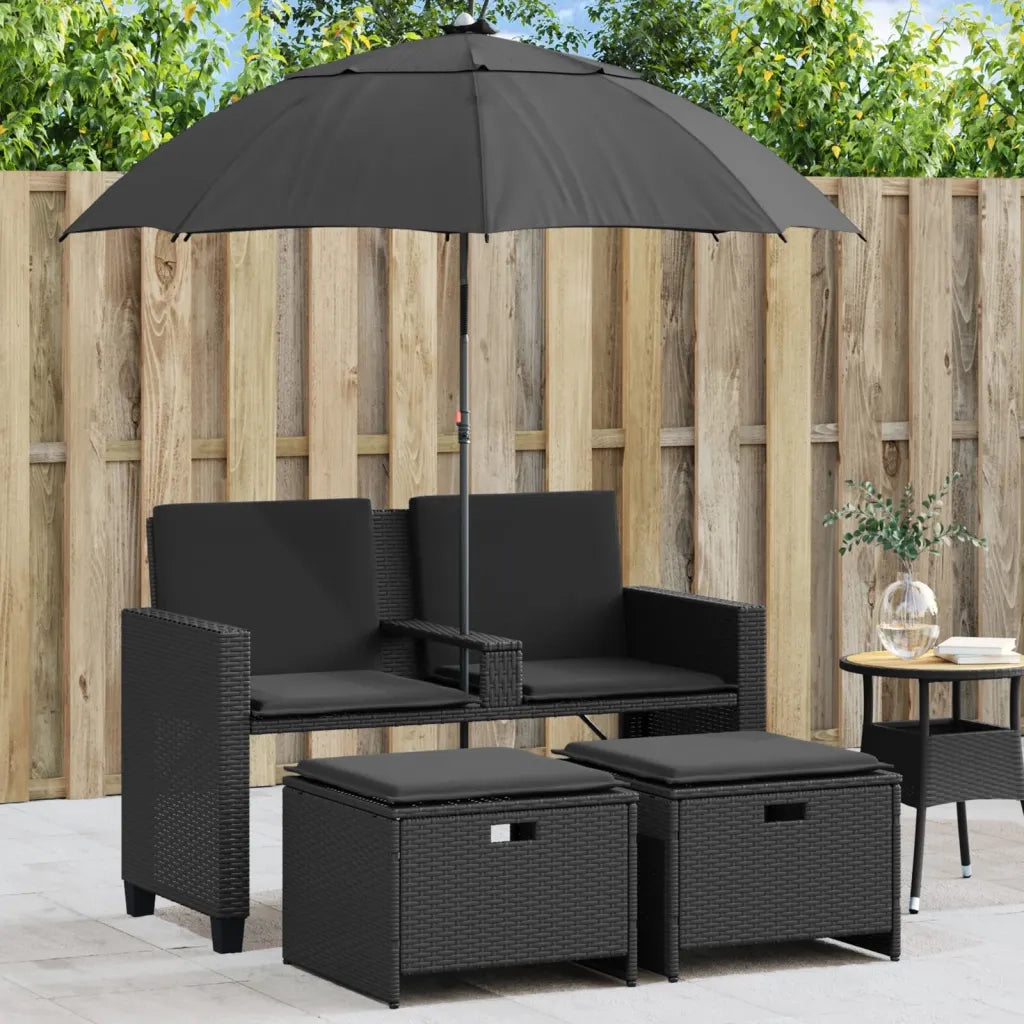 Divano Giardino 2 Posti Ombrellone e Sgabelli Nero Polyrattan 365883