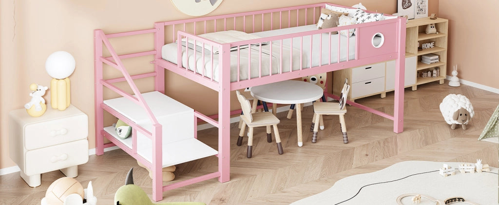 DESMIU Letto a soppalco bambino 90 × 200 cm con scala contenitore, senza materasso, in metallo, rosa