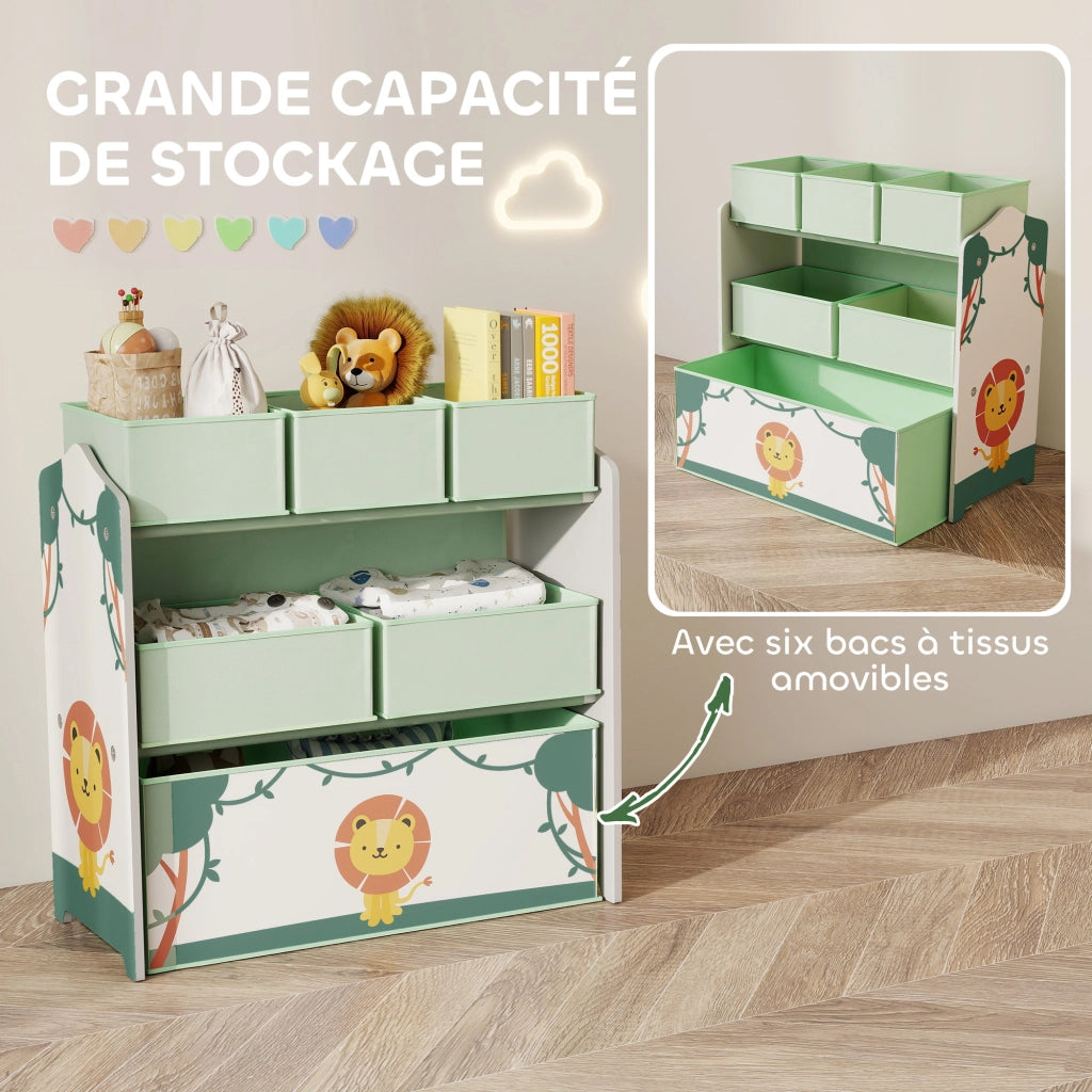 Scaffale per bambini a 3 ripiani con 6 scatole in tessuto ¨C zephmum ¨C verde