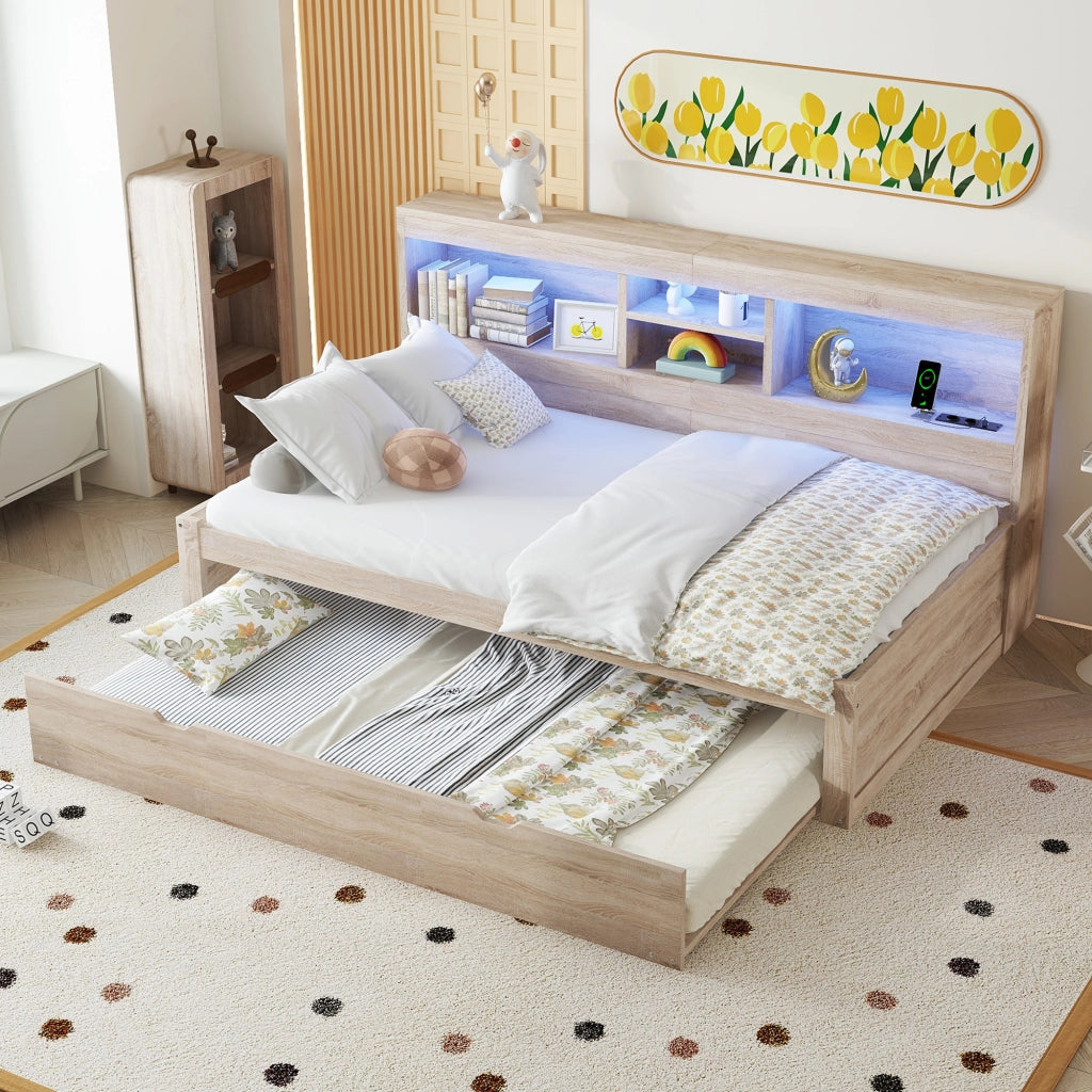 DIVANO LETTO Estraibile 90x200 cm Natur con prese USB e luce ambientale