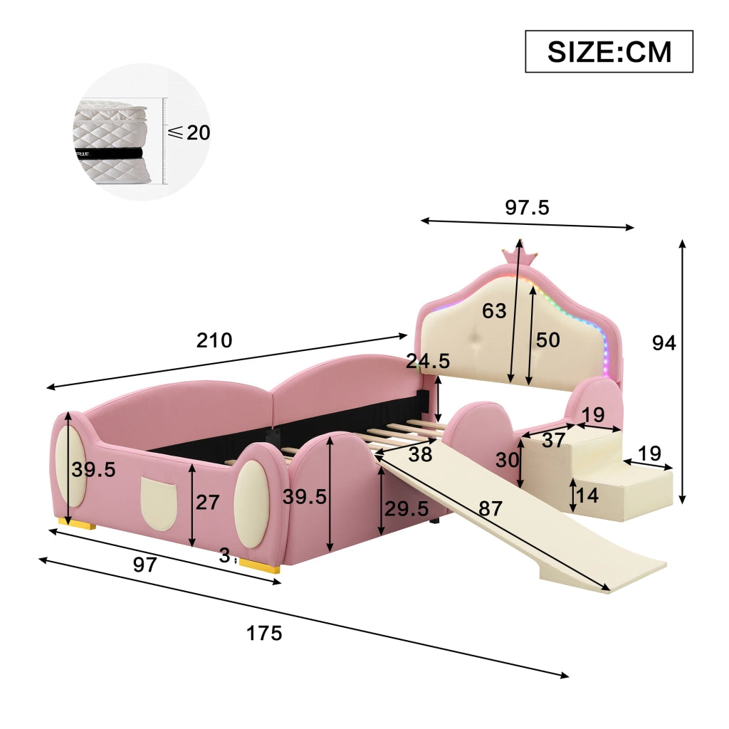 LETTO imbottito per bambini 90x200 cm PU rosa e beige con LED, scivolo e scala