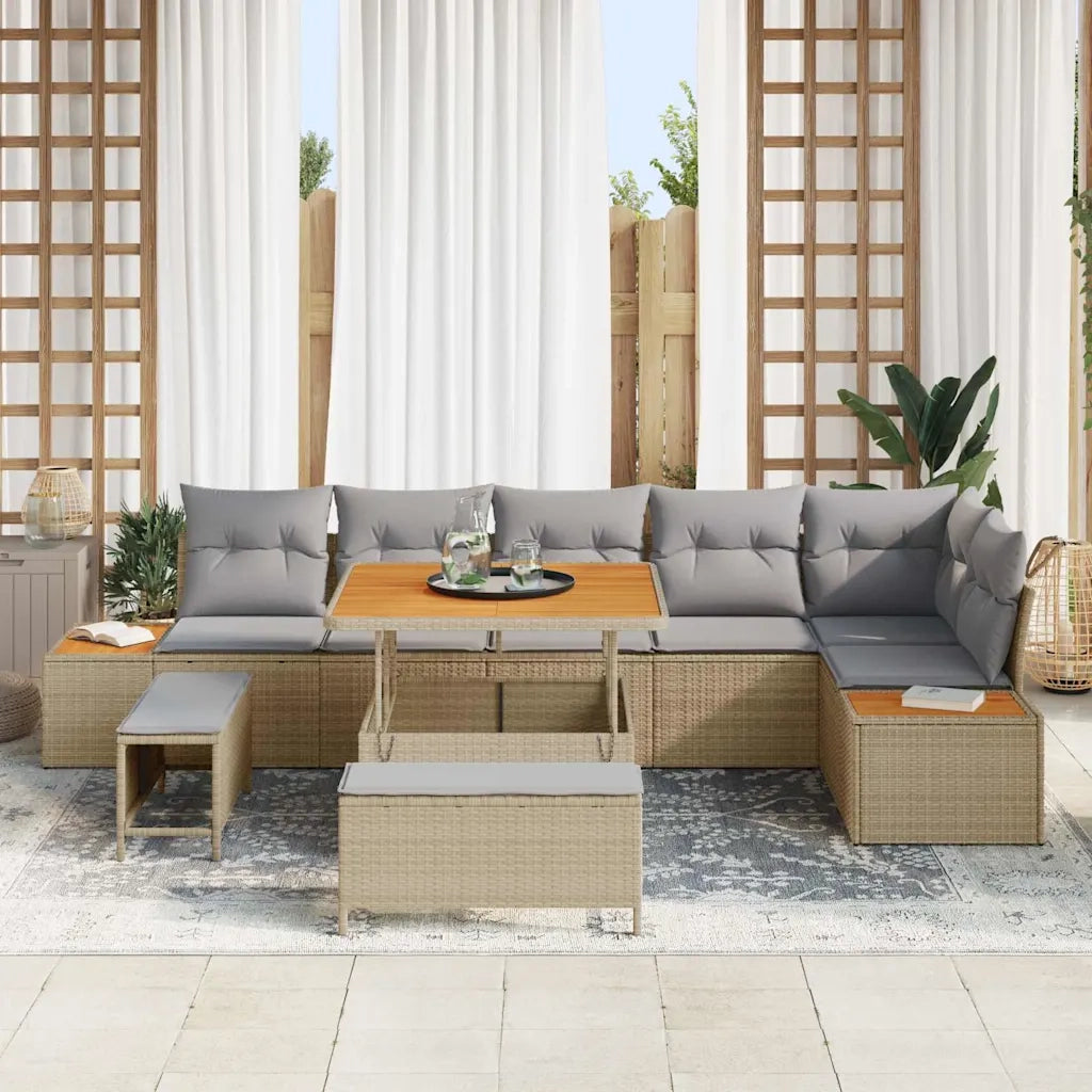 Set Divano da Giardino con cuscino 9 pcs Beige Poly Rattan