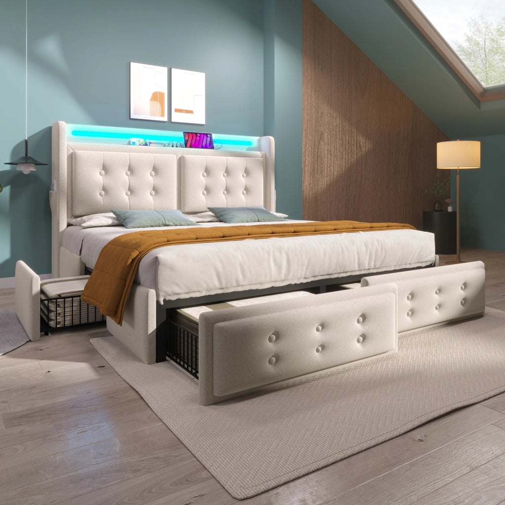 LETTO imbottito 160x200 cm Beige con LED, USB e 4 cassetti