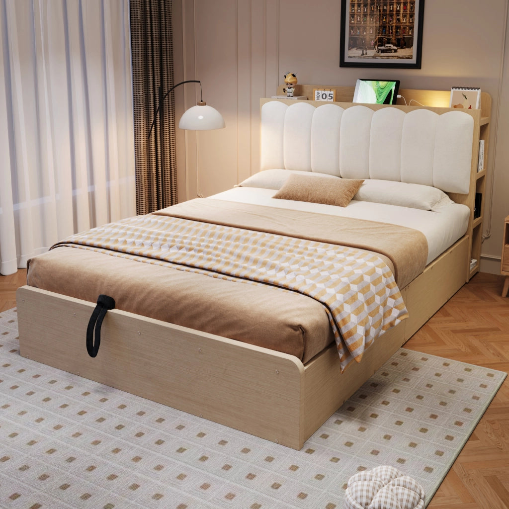 DESMIU Letto contenitore 140 × 200 cm 2 posti con USB, luce e vani, senza materasso, legno naturale
