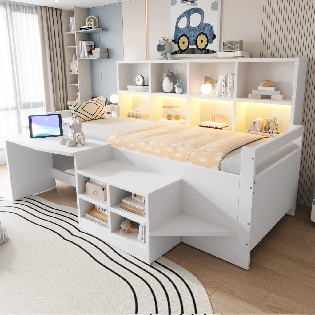 DESMIU Lit mezzanine 90 × 200 cm 1 posto con scrivania, vani contenitore, LED, USB e presa, senza materasso, bianco
